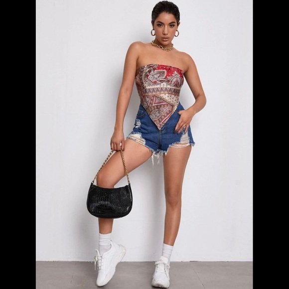 SHEIN Paisley Print Bandana Tube Top SMALL 4 SATIN SCARF RED STRAPLESS FESTIVAL - Picture 6 of 6